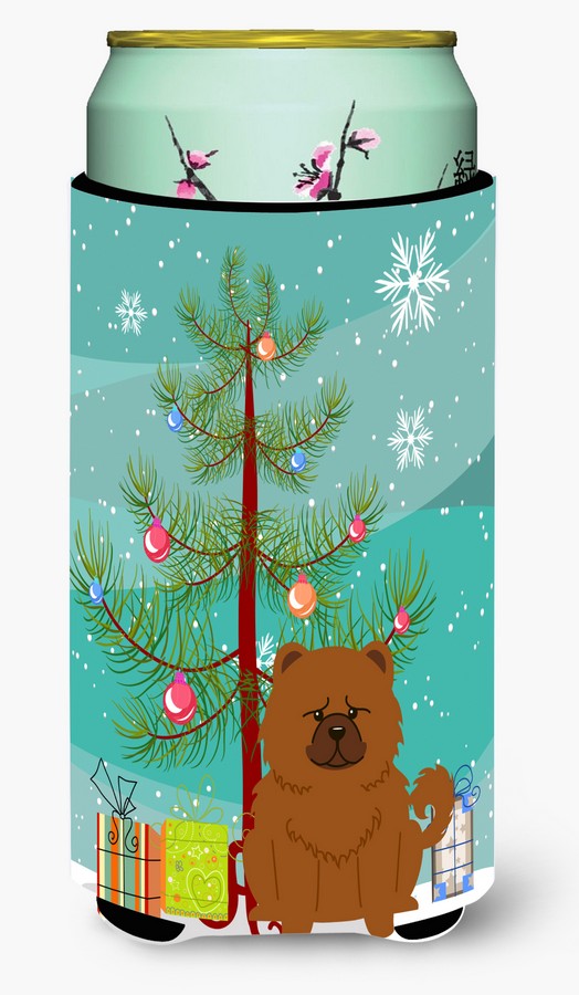 Merry Christmas Tree Chow Chow Red Tall Boy Beverage Insulator Hugger