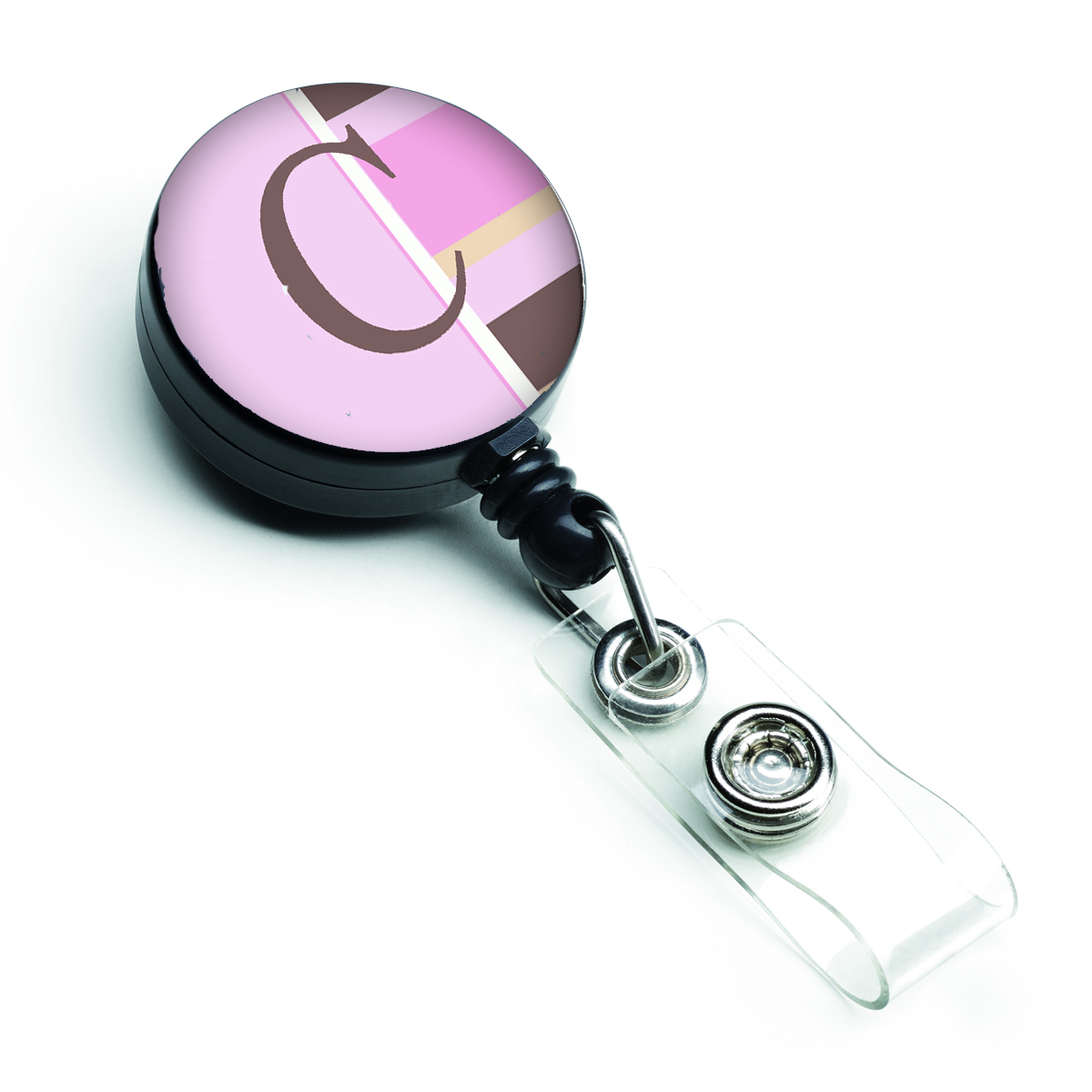 CJ1005-CBR Letter C Initial Monogram Pink Stripes Retractable Badge Reel