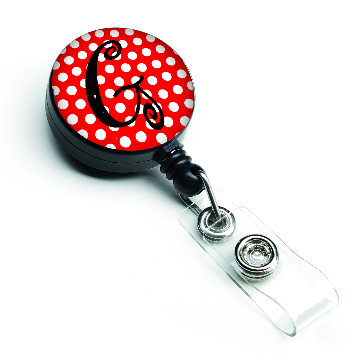 CJ1012-GBR Letter G Initial Monogram Red & Black Polka Dots Retractable Badge Reel
