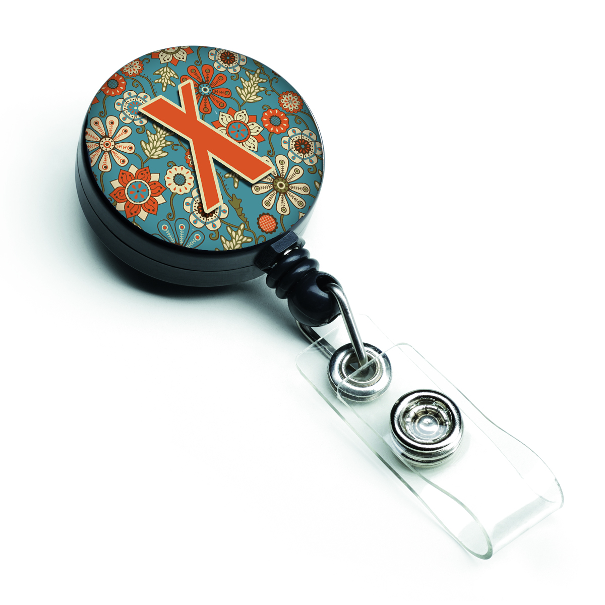 CJ2012-XBR Letter X Flowers Retro Blue Retractable Badge Reel