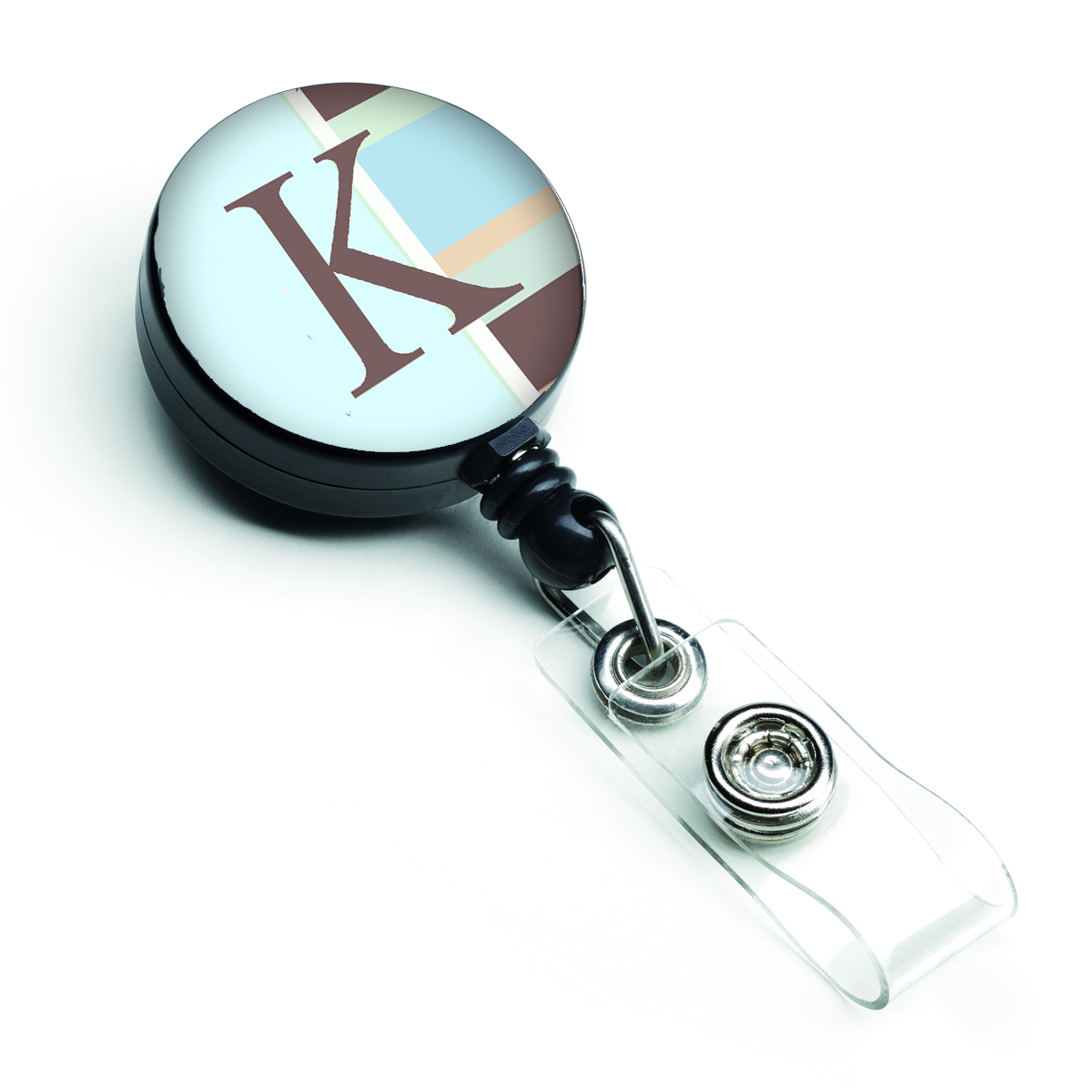 Letter K Initial Monogram Blue Stripes Retractable Badge Reel