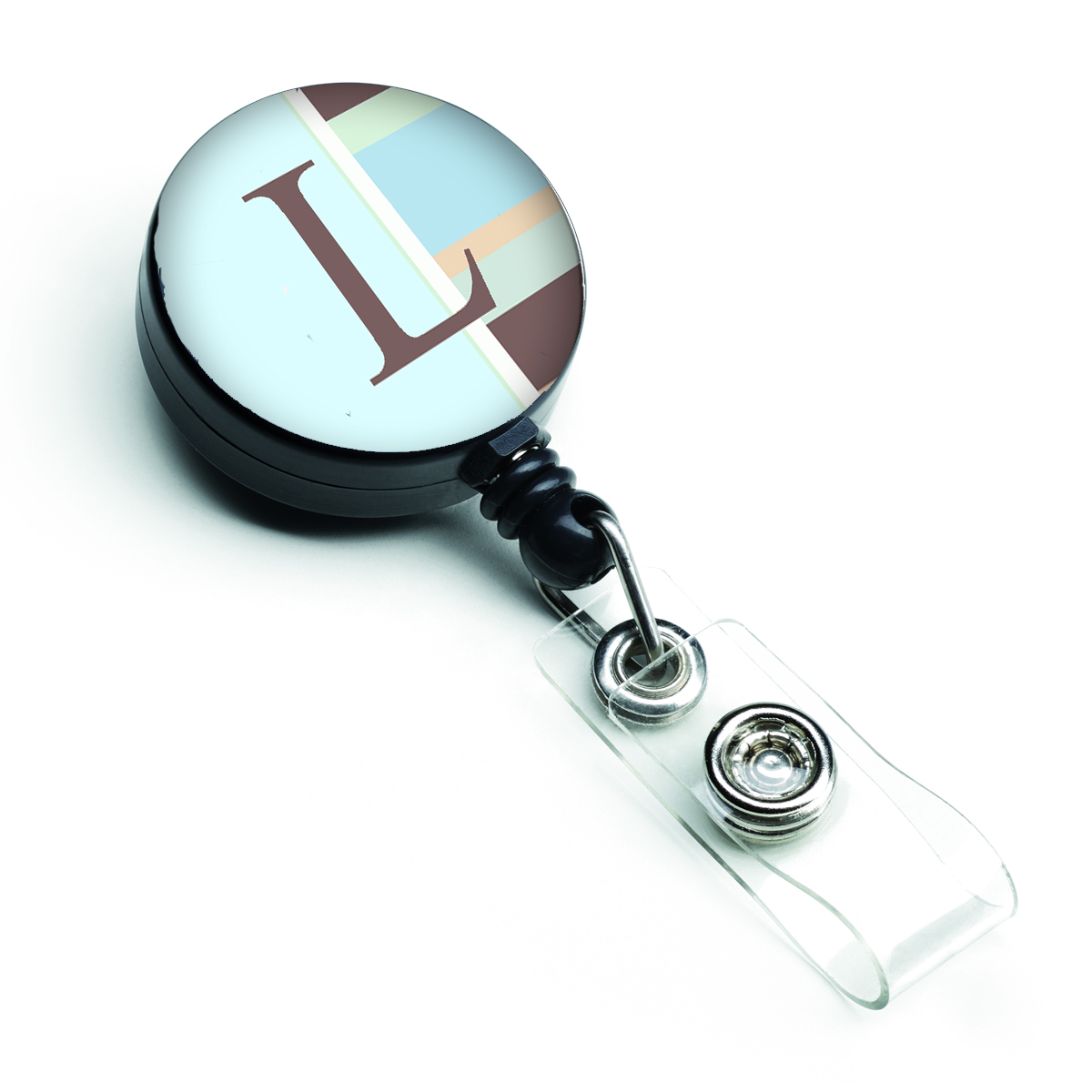 CJ1003-LBR Letter L Initial Monogram Blue Stripes Retractable Badge Reel