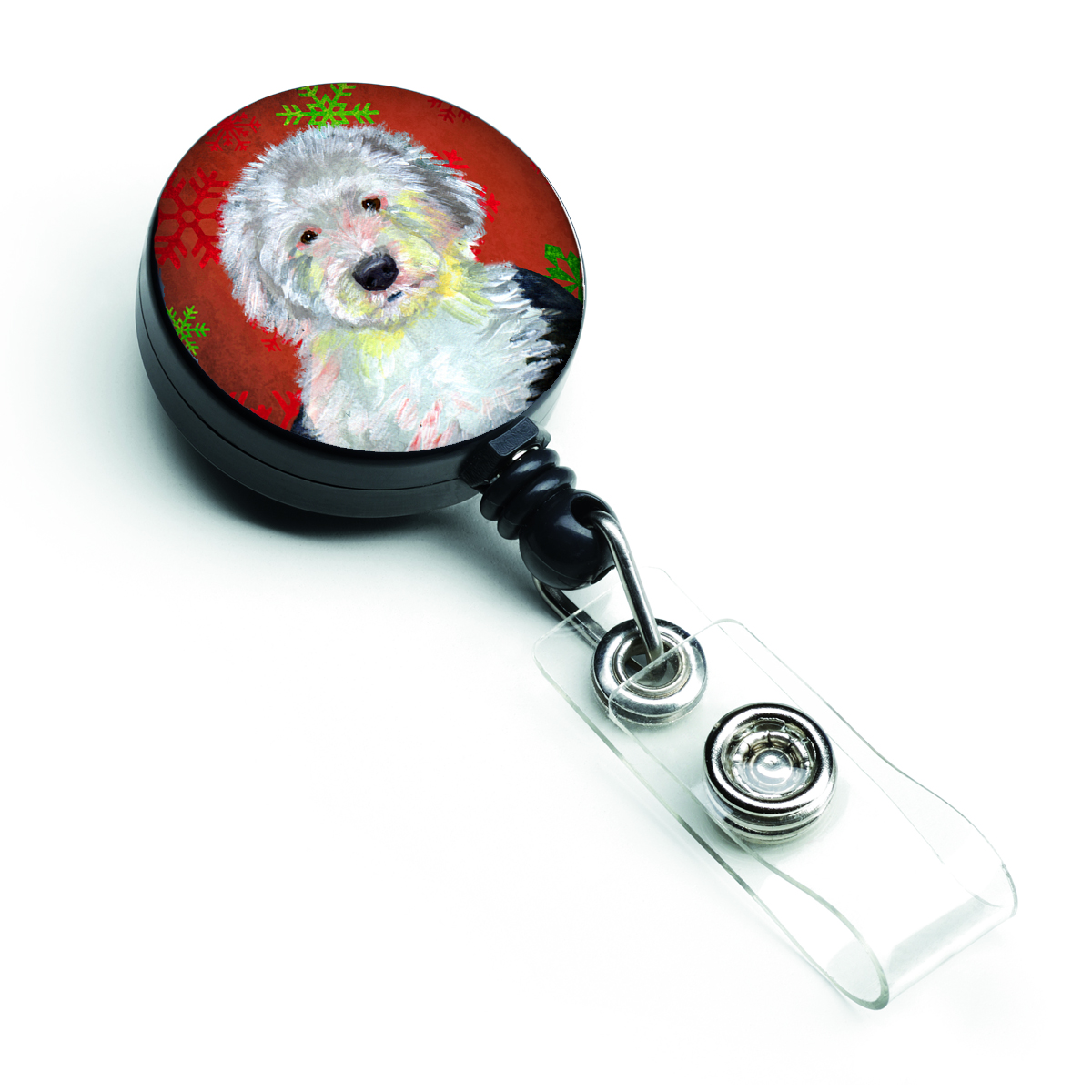LH9351BR Old English Sheepdog Red & Green Snowflakes Holiday Christmas Retractable Badge Reel