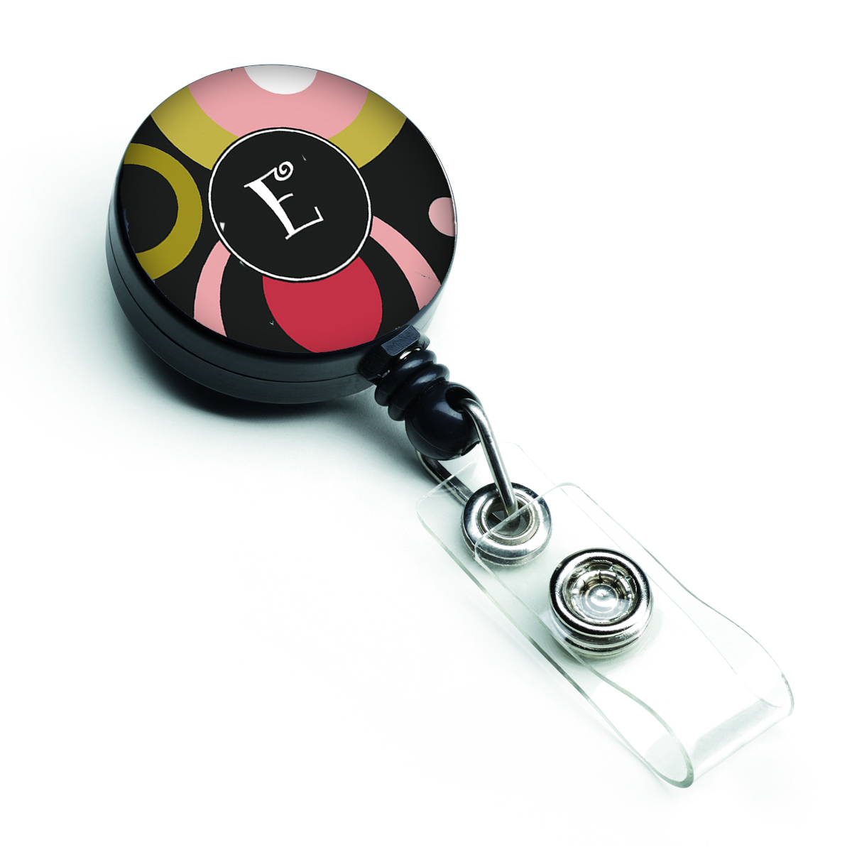 AM1001-EBR Letter E Monogram Retro in Black Retractable Badge Reel