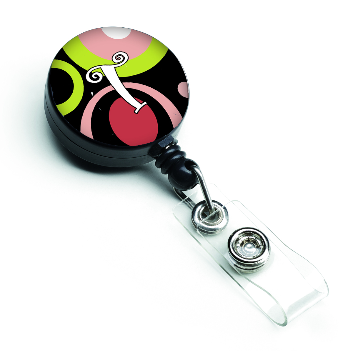 Letter T Monogram Retro in Black Retractable Badge Reel