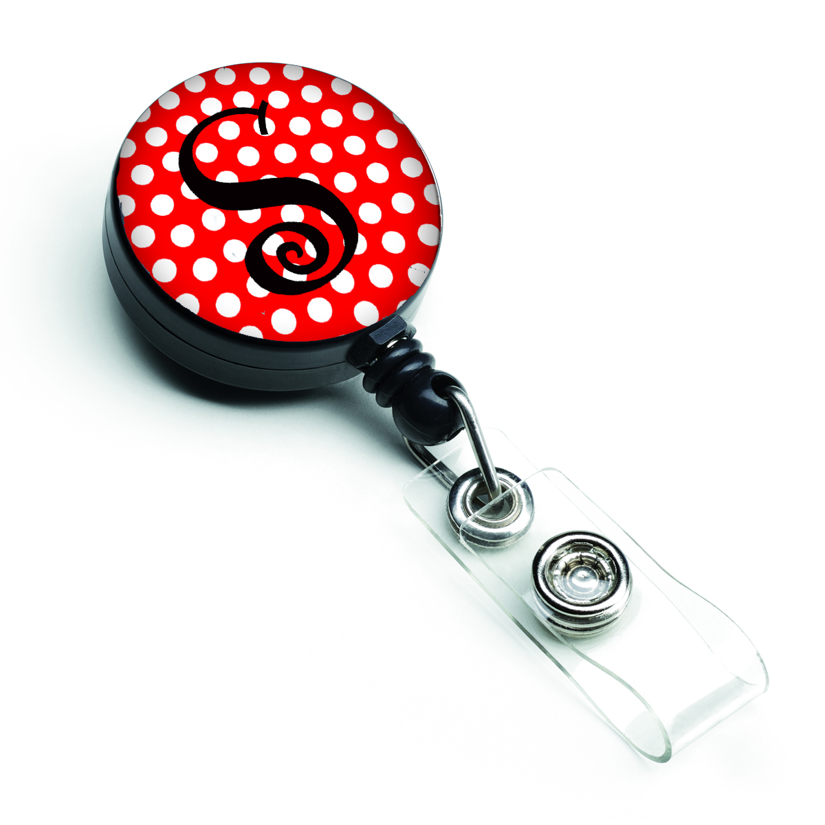 Monogram Initial S Red & Black Polka Dots Retractable Badge Reel