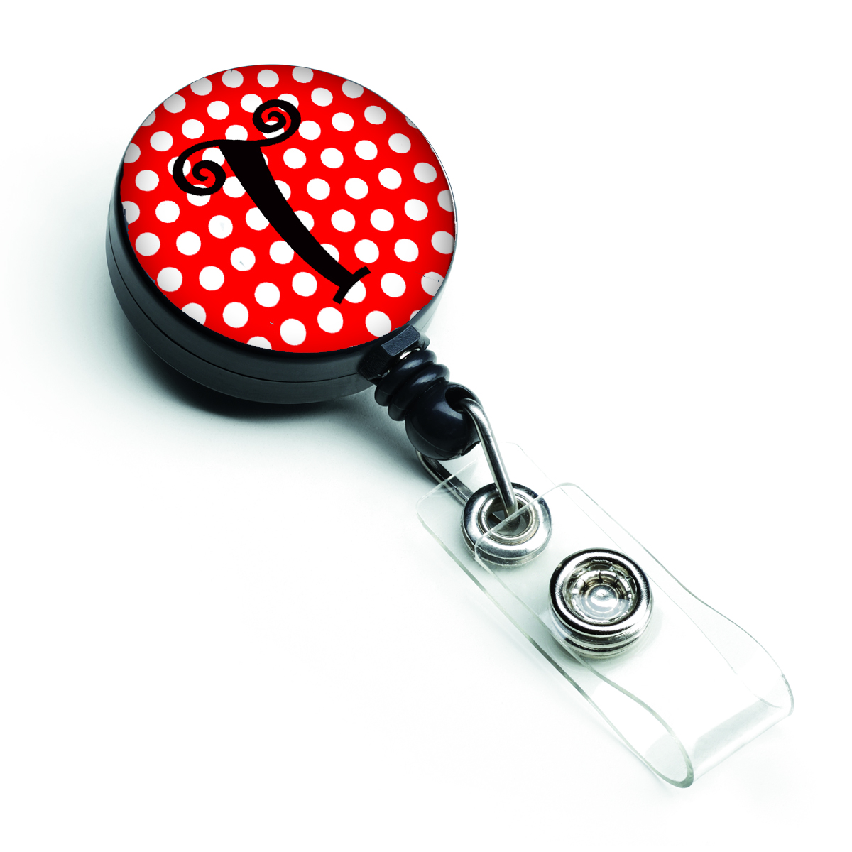 Monogram Initial T Red & Black Polka Dots Retractable Badge Reel