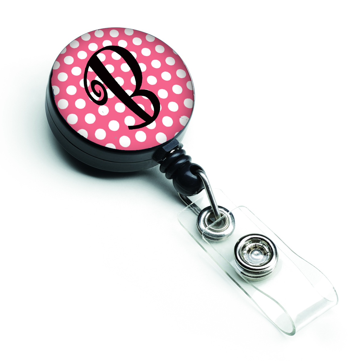 CJ1001-BBR Letter B Monogram Pink & Black Polka Dots Retractable Badge Reel