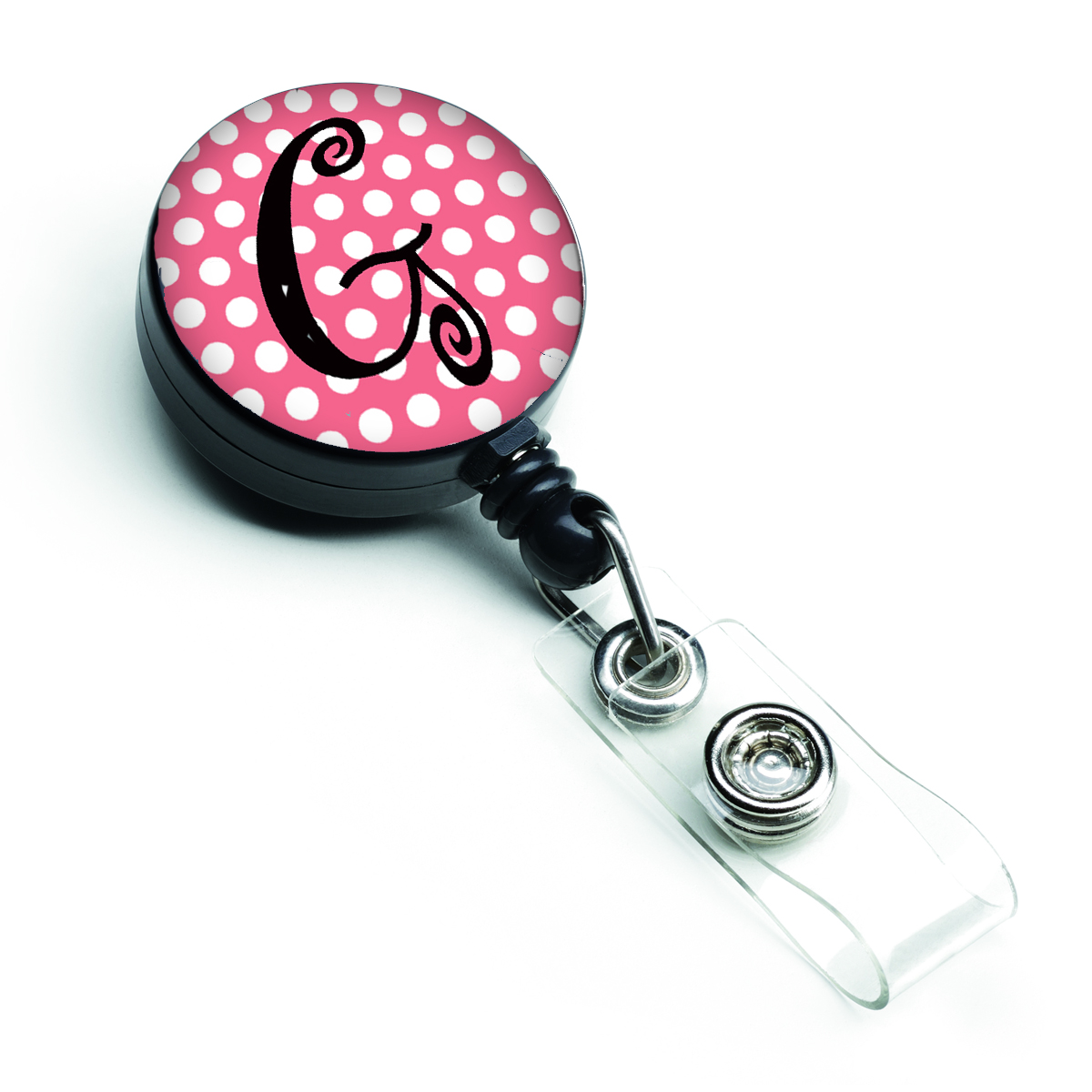 Letter G Monogram Pink & Black Polka Dots Retractable Badge Reel