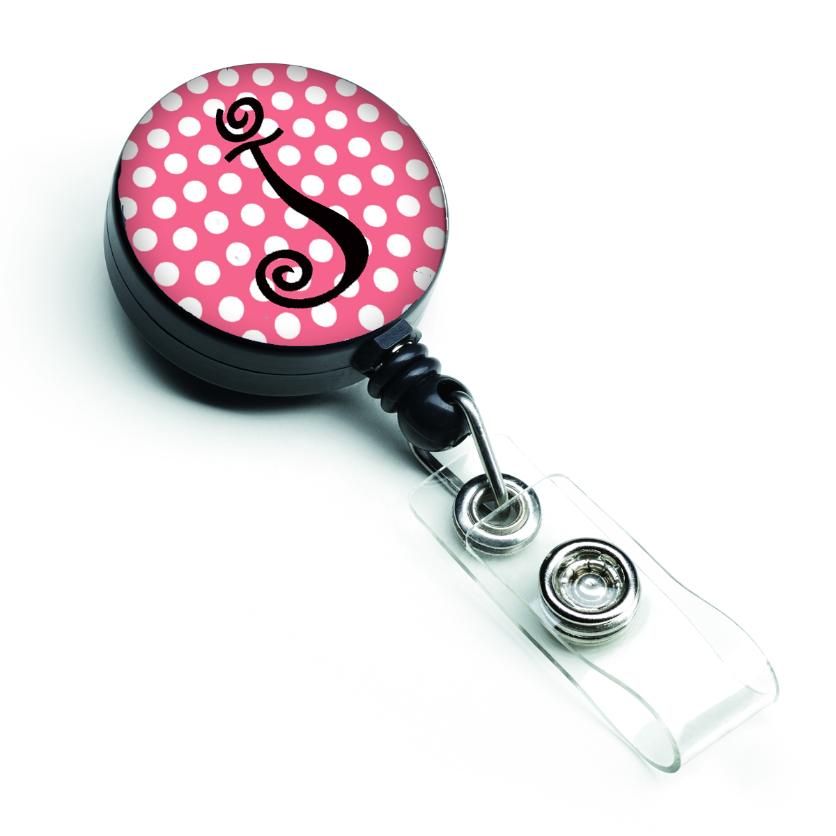 Letter J Monogram Pink & Black Polka Dots Retractable Badge Reel - Pink & Black - 5in. H x 1in. W x 2in. L