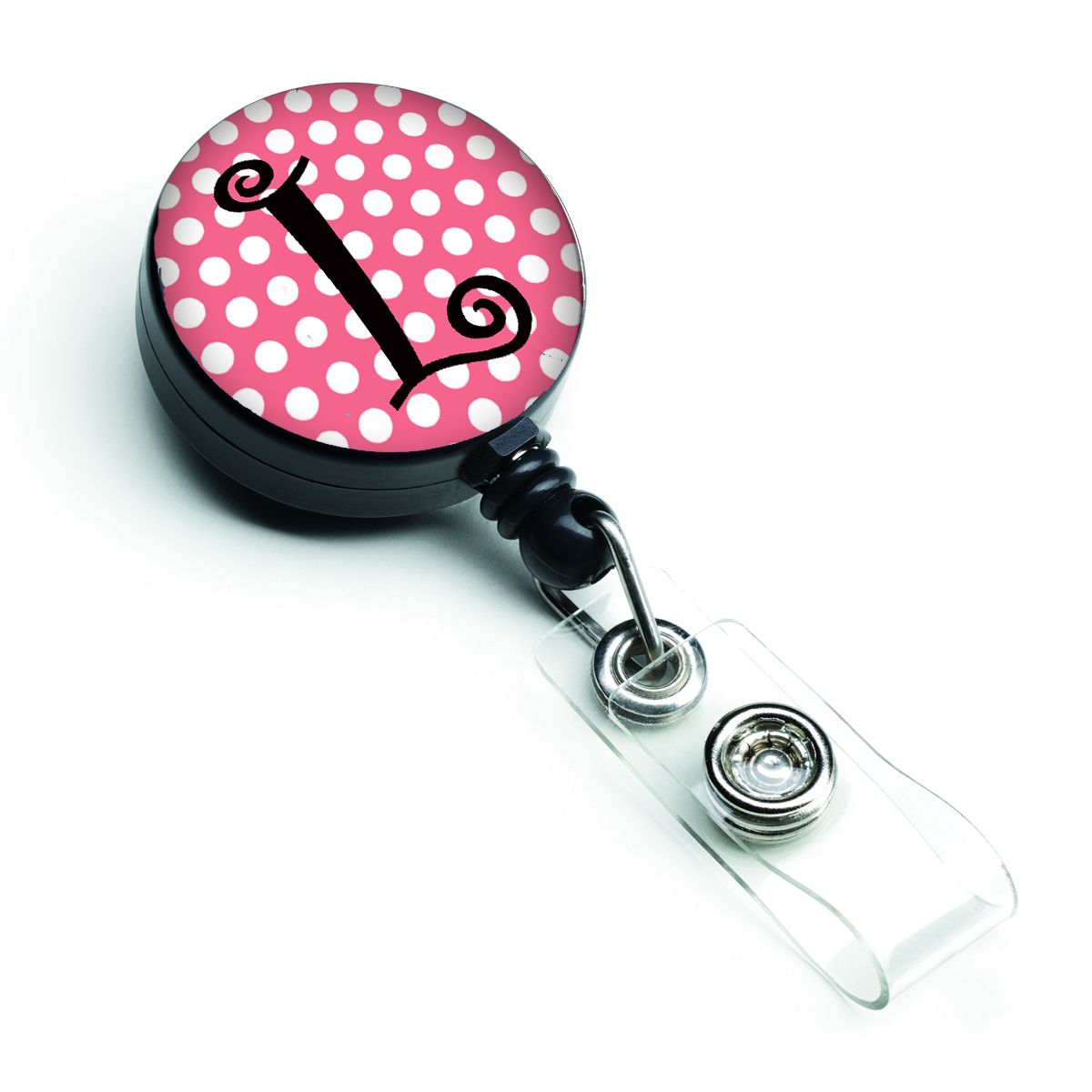 Letter L Monogram Pink & Black Polka Dots Retractable Badge Reel