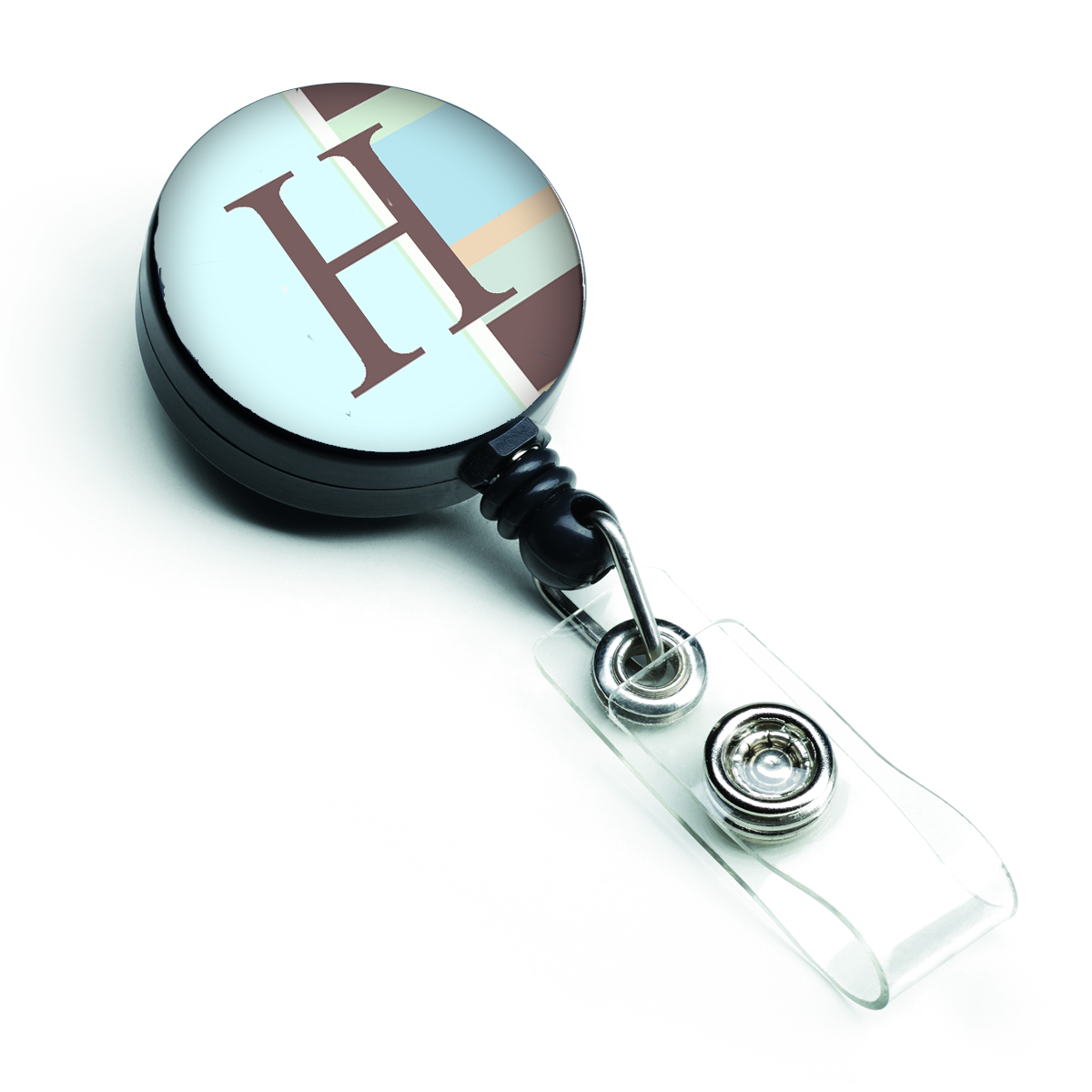 Letter H Initial Monogram Blue Stripes Retractable Badge Reel