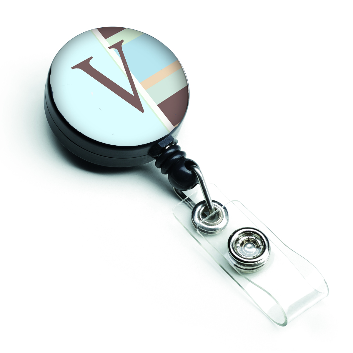 Letter V Initial Monogram Blue Stripes Retractable Badge Reel - Blue