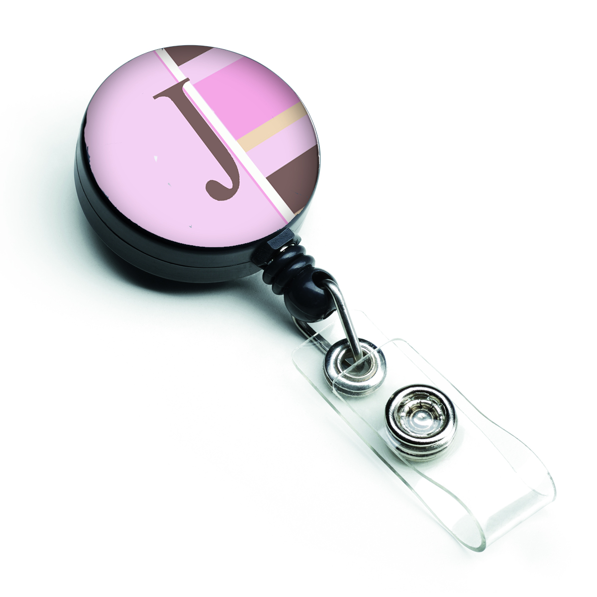 CJ1005-JBR Letter J Initial Monogram Pink Stripes Retractable Badge Reel