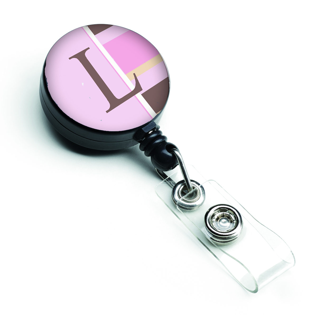 CJ1005-LBR Letter L Initial Monogram Pink Stripes Retractable Badge Reel