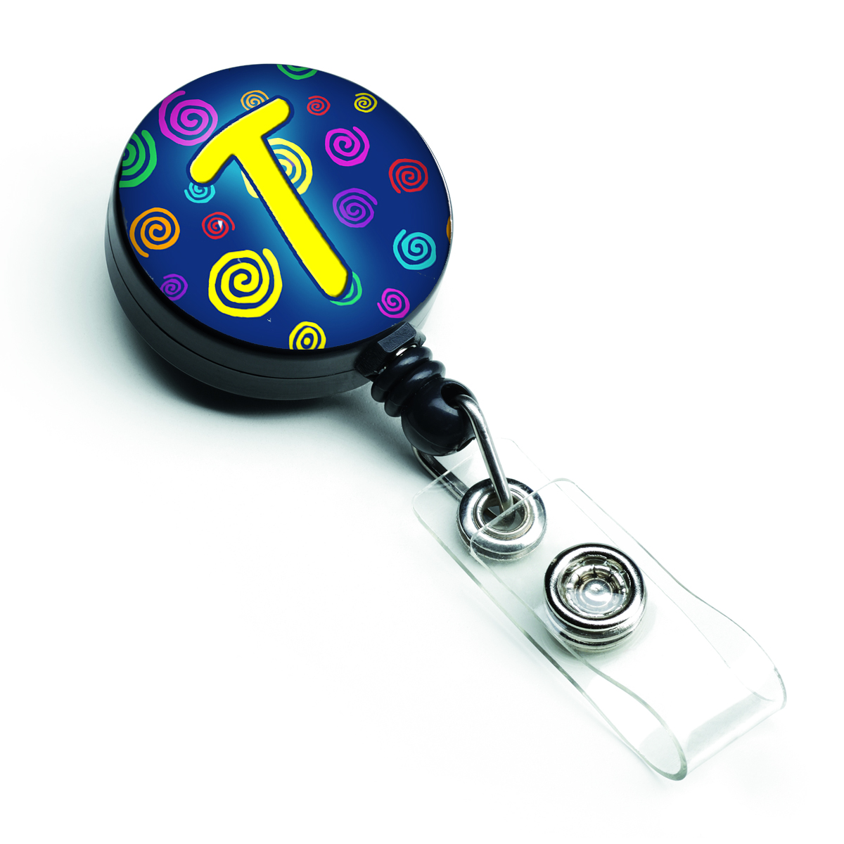 CJ1011-TBR Letter T Initial Monogram Blue Swirls Retractable Badge Reel
