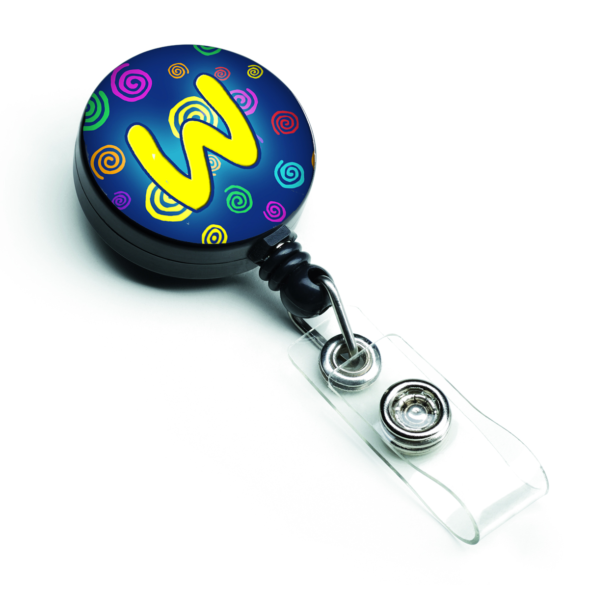 Letter W Initial Monogram Blue Swirls Retractable Badge Reel