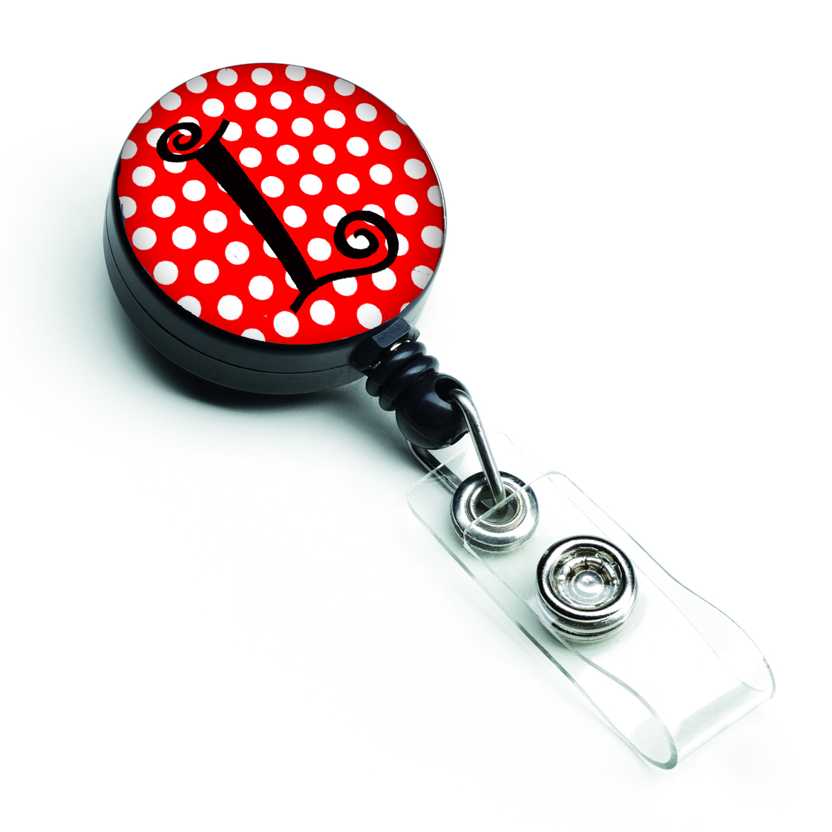 Letter L Initial Monogram Red & Black Polka Dots Retractable Badge Reel