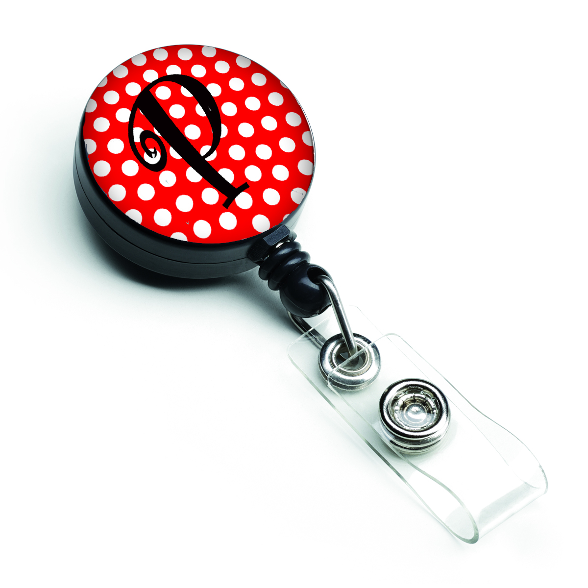 Letter P Initial Monogram Red & Black Polka Dots Retractable Badge Reel