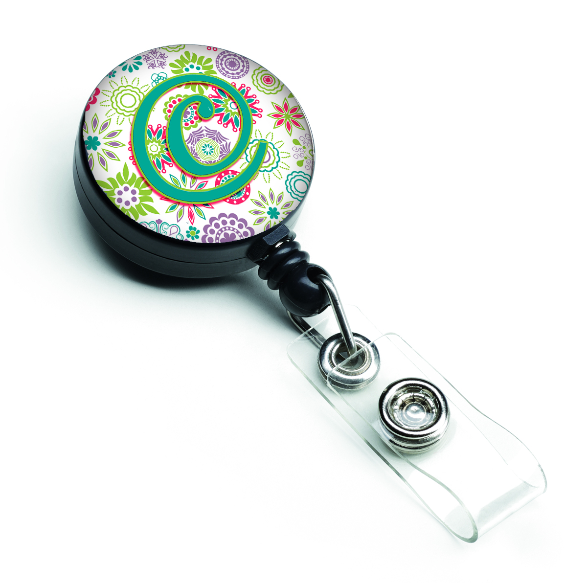 CJ2011-CBR Letter C Flowers Pink & Teal Green Initial Retractable Badge Reel