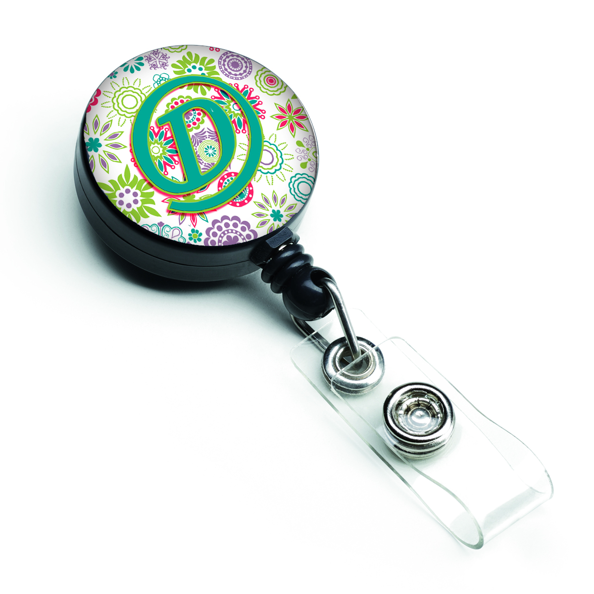 CJ2011-DBR Letter D Flowers Pink & Teal Green Initial Retractable Badge Reel