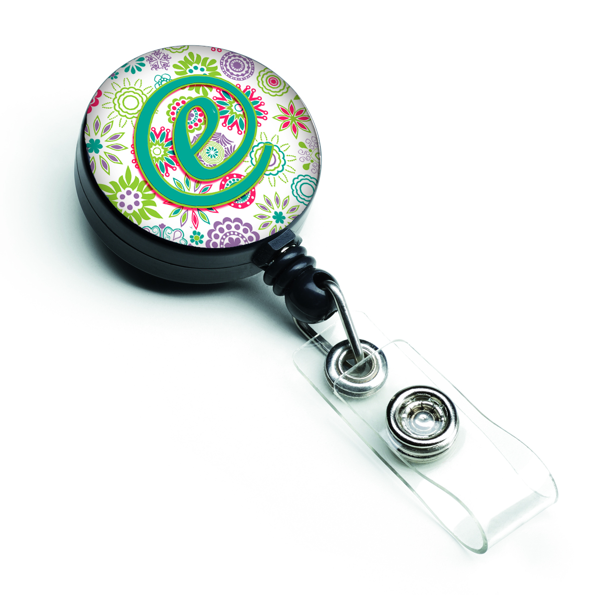 CJ2011-EBR Letter E Flowers Pink & Teal Green Initial Retractable Badge Reel