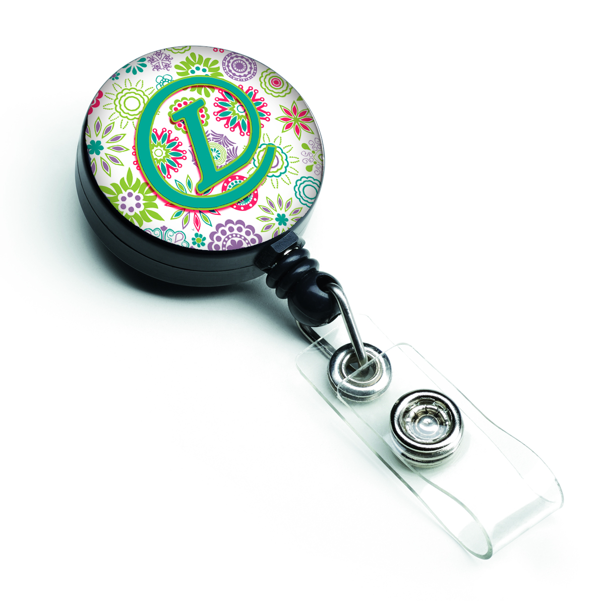 CJ2011-LBR Letter L Flowers Pink & Teal Green Initial Retractable Badge Reel