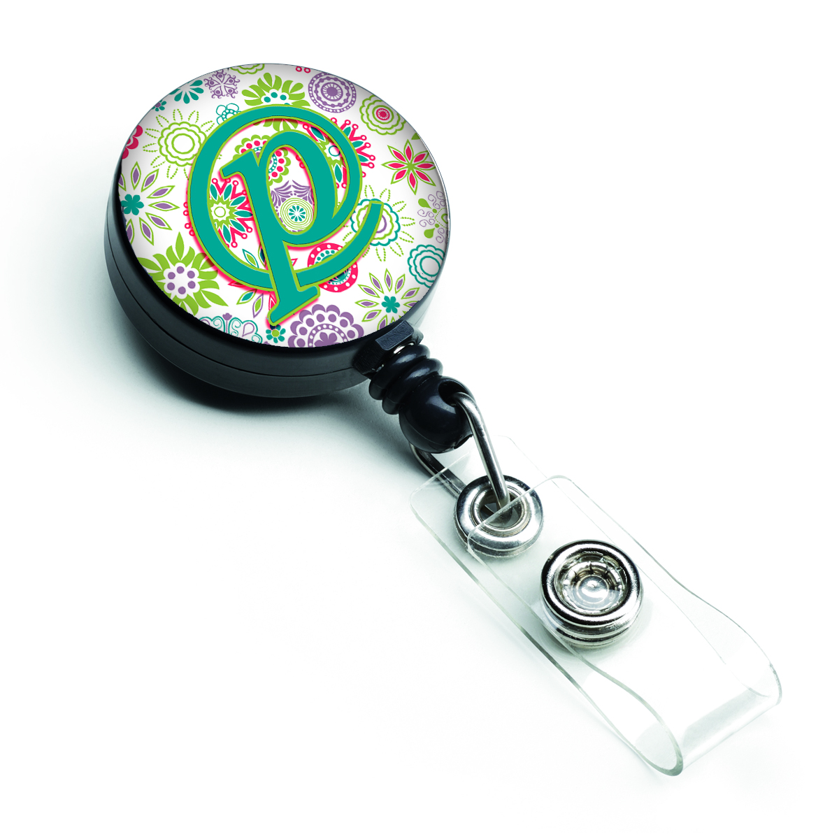 Letter P Flowers Pink & Teal Green Initial Retractable Badge Reel