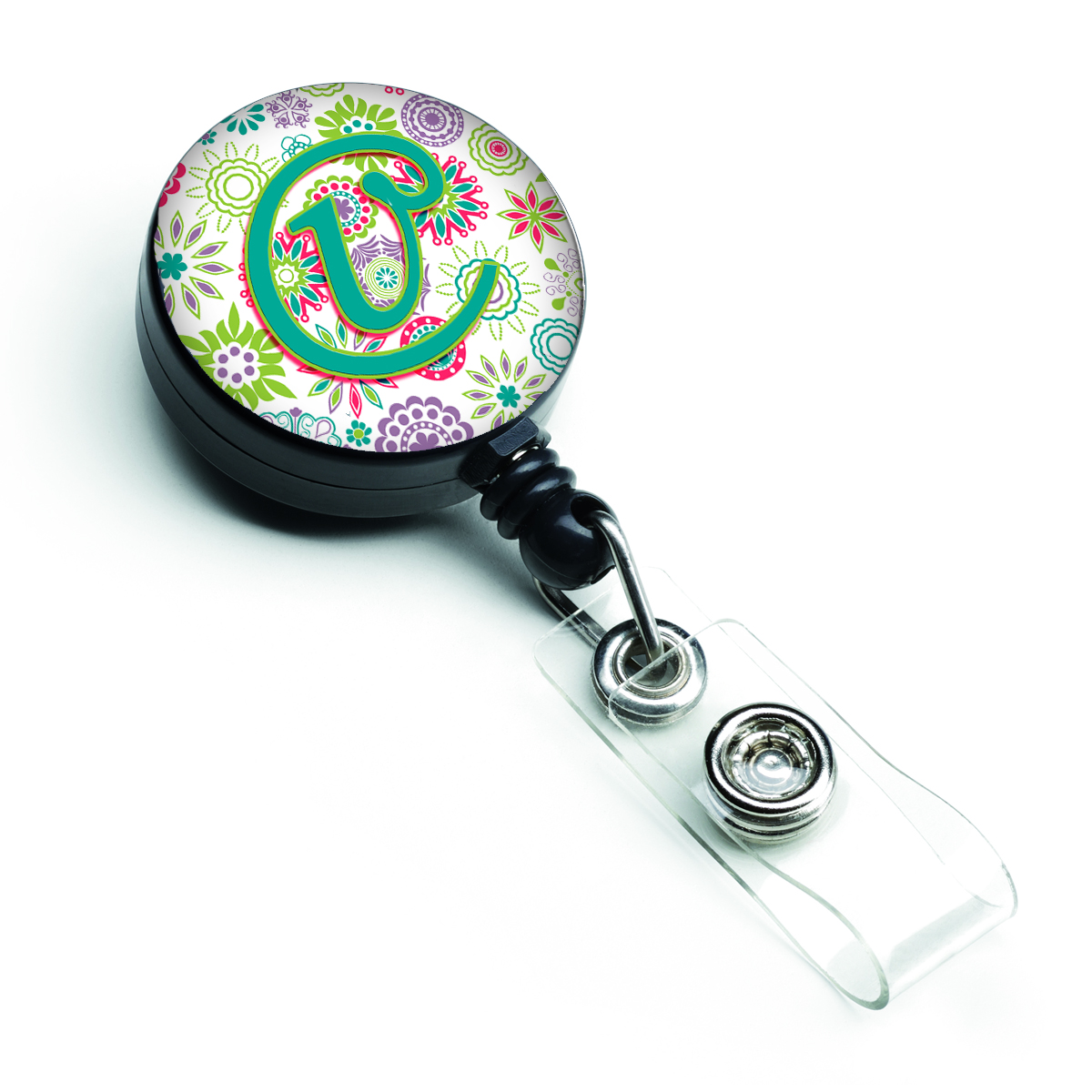 Letter V Flowers Pink & Teal Green Initial Retractable Badge Reel