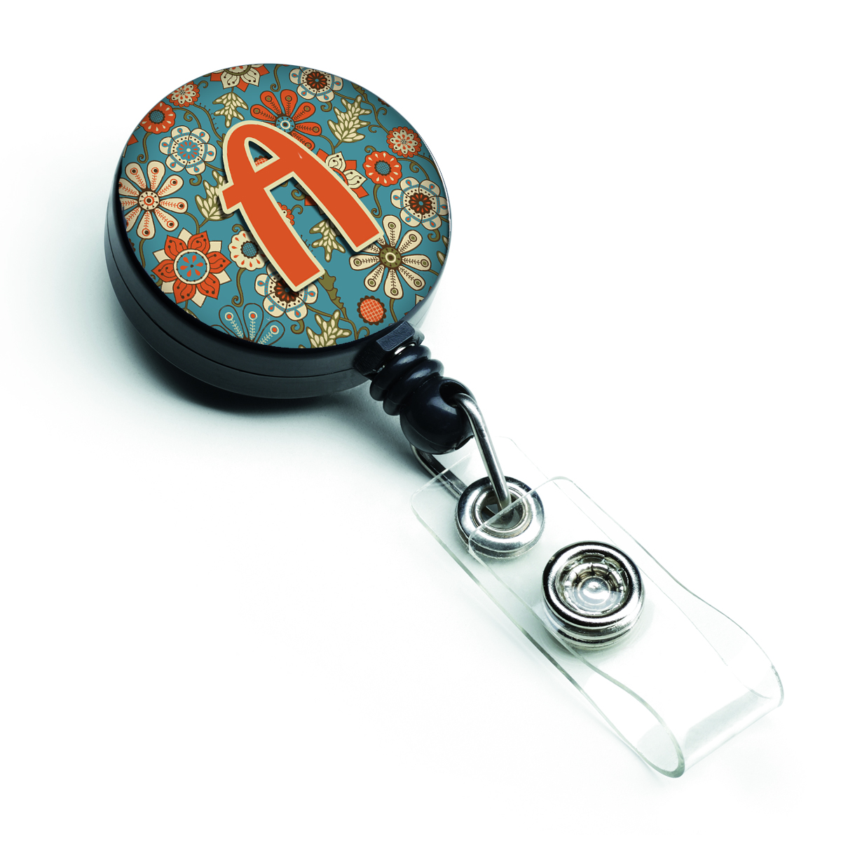 CJ2012-ABR Letter A Flowers Retro Blue Retractable Badge Reel