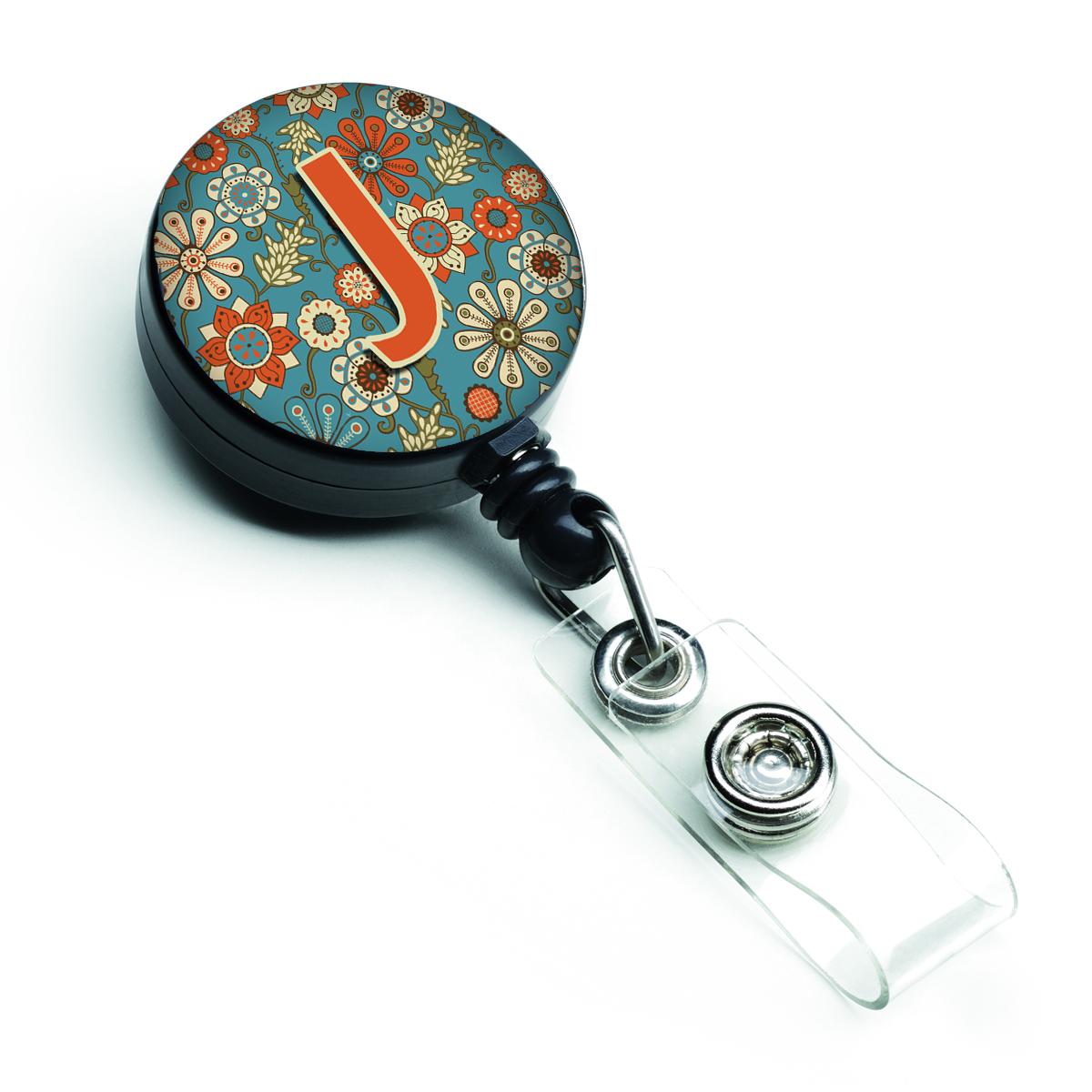 Letter J Flowers Retro Blue Retractable Badge Reel - Blue