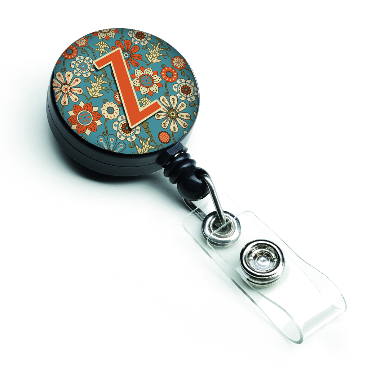 Letter Z Flowers Retro Blue Retractable Badge Reel