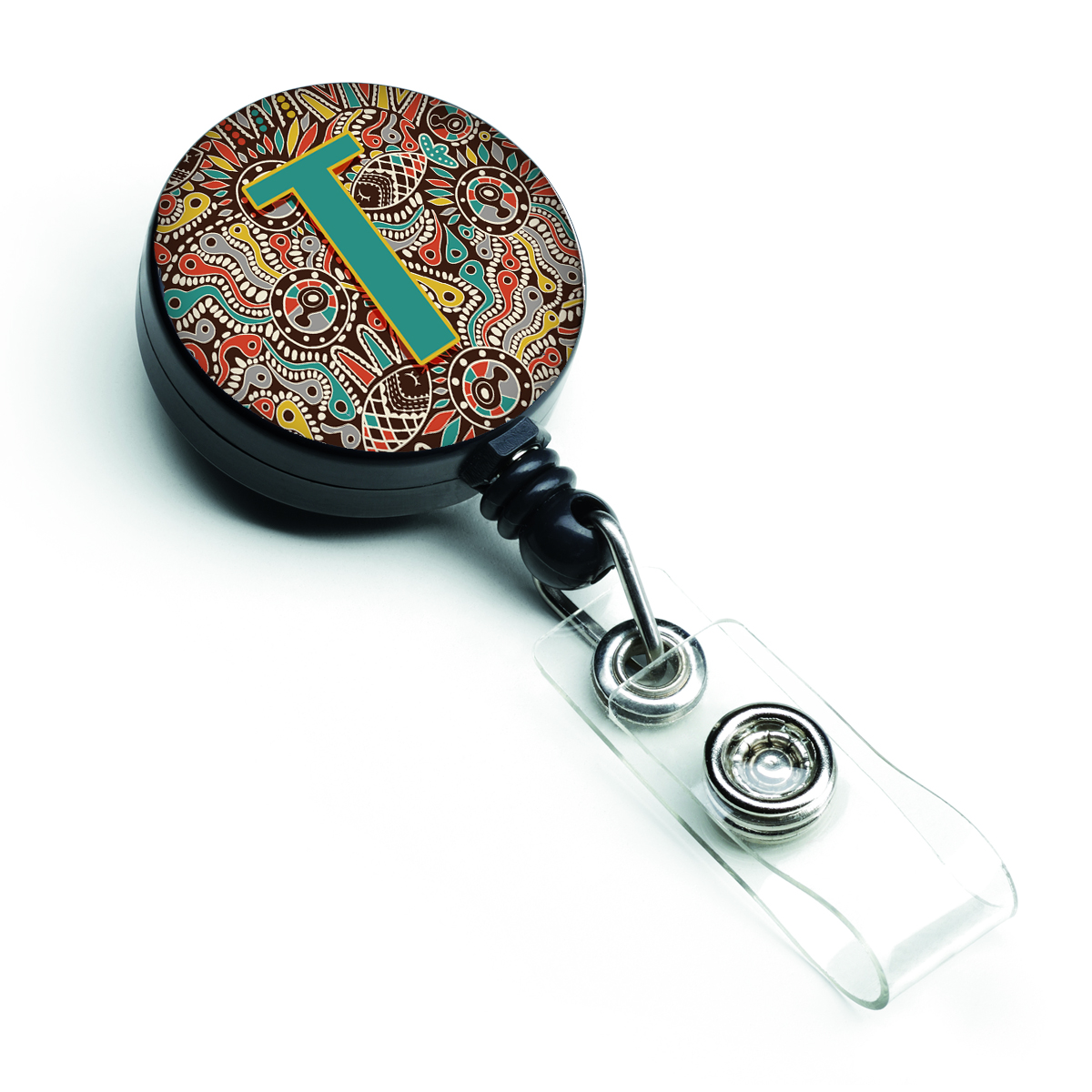 CJ2013-TBR Letter T Retro Tribal Alphabet Initial Retractable Badge Reel