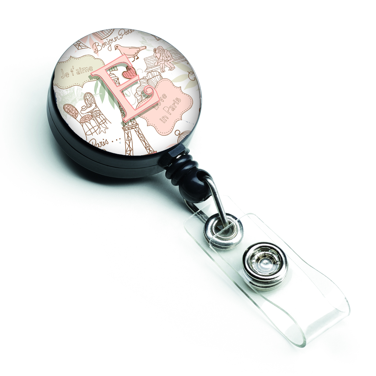 CJ2002-EBR Letter E Love in Paris Pink Retractable Badge Reel