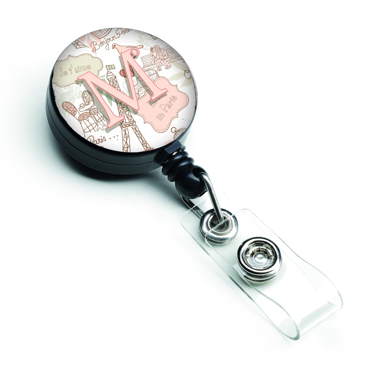 CJ2002-MBR Letter M Love in Paris Pink Retractable Badge Reel