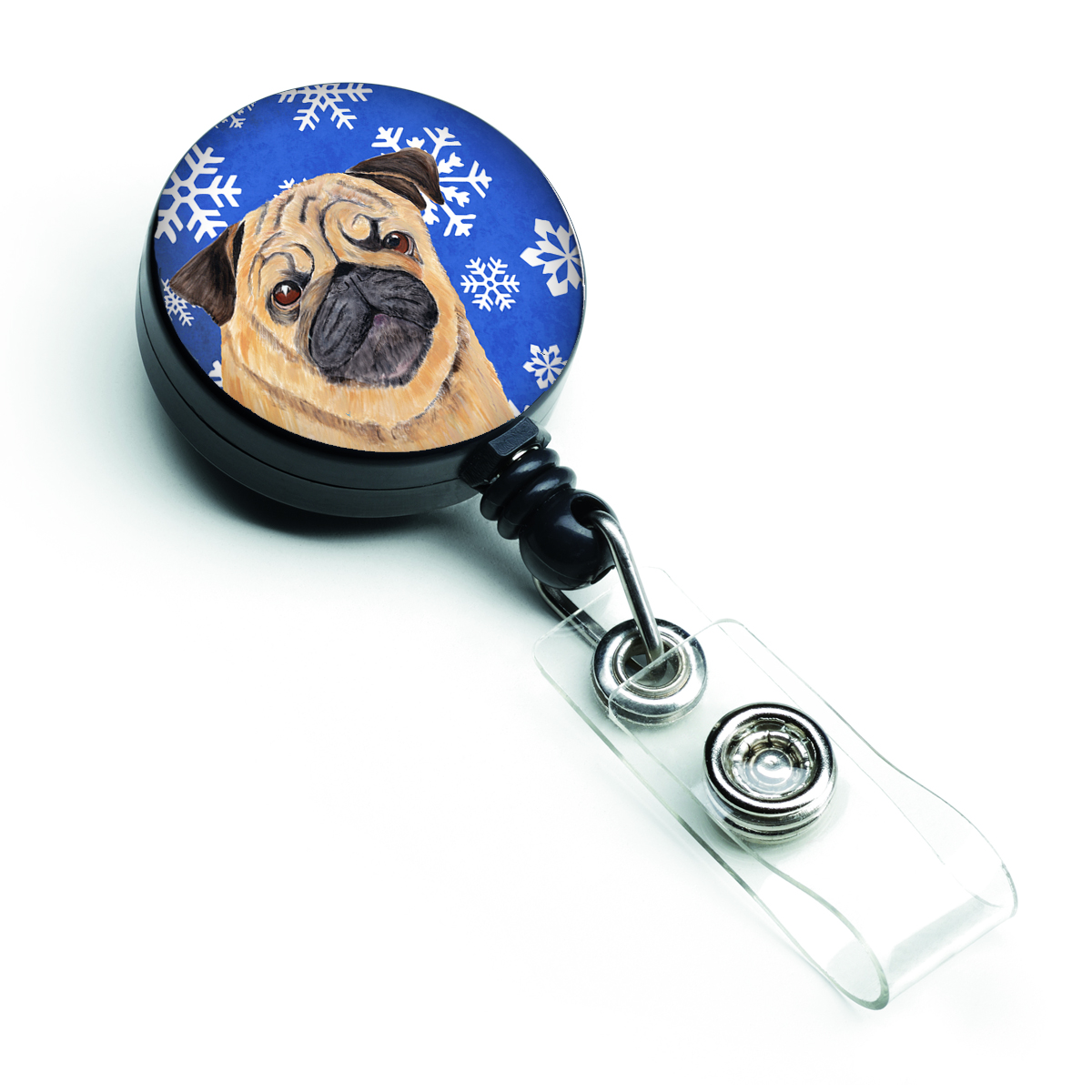 Pug Winter Snowflakes Holiday Retractable Badge Reel