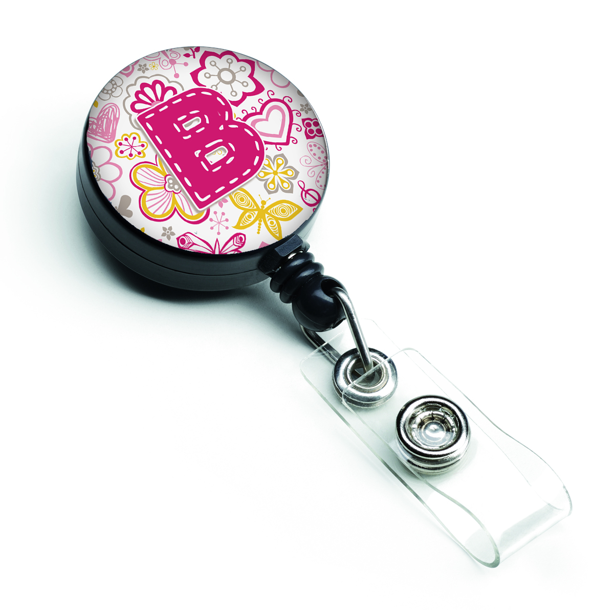 Letter B Flowers & Butterflies Pink Retractable Badge Reel