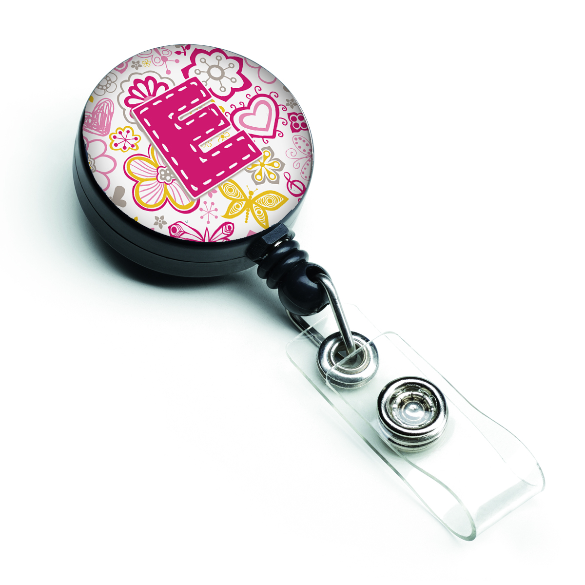 CJ2005-EBR Letter E Flowers & Butterflies Pink Retractable Badge Reel