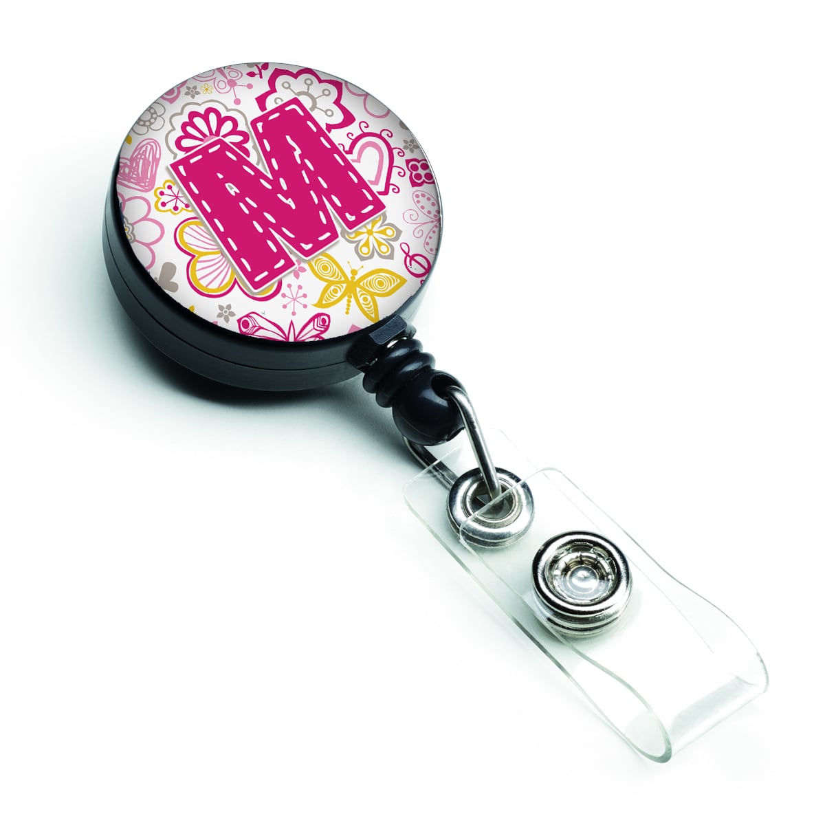 Letter M Flowers & Butterflies Pink Retractable Badge Reel