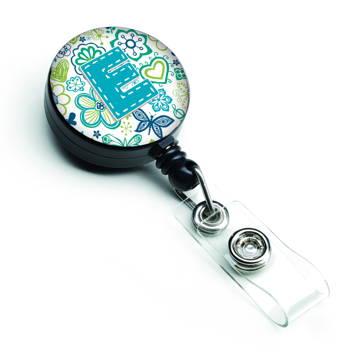 CJ2006-EBR Letter E Flowers & Butterflies Teal Blue Retractable Badge Reel