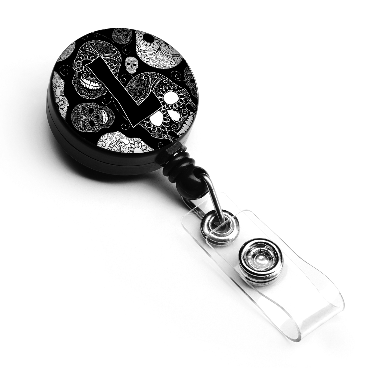 CJ2008-LBR Letter L Day of the Dead Skulls Black Retractable Badge Reel