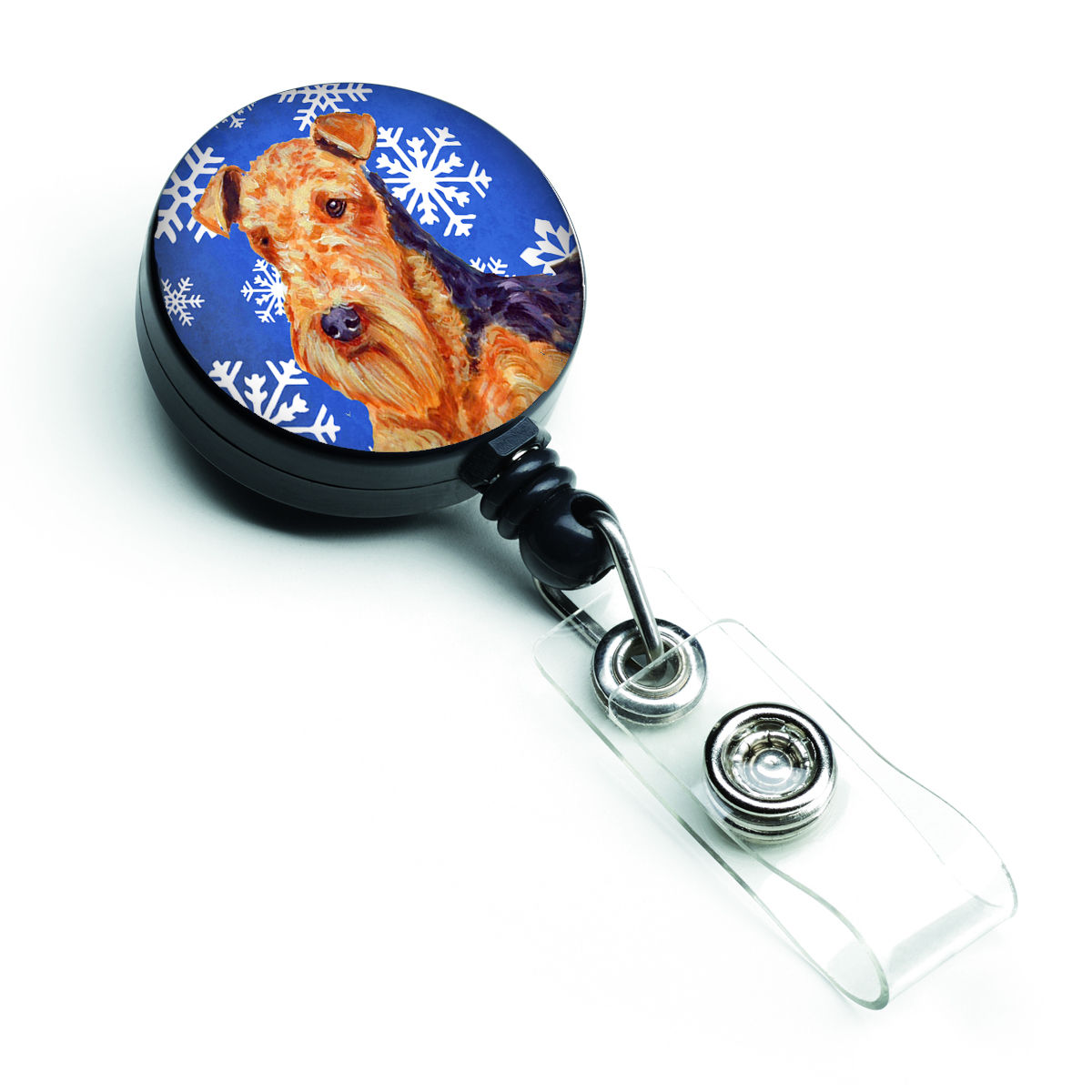 Airedale Winter Snowflakes Holiday Retractable Badge Reel
