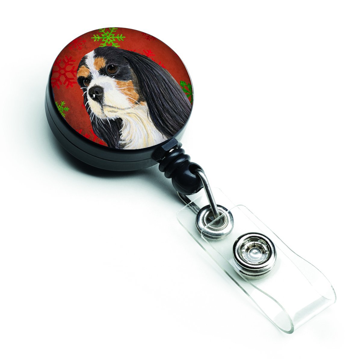 LH9324BR Cavalier Spaniel Red & Green Snowflakes Holiday Christmas Retractable Badge Reel