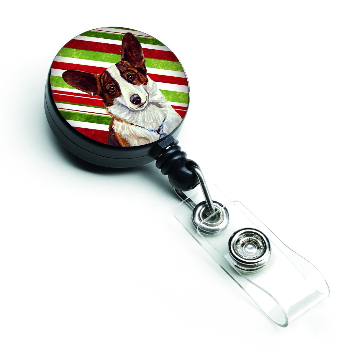 Corgi Candy Cane Holiday Christmas Retractable Badge Reel