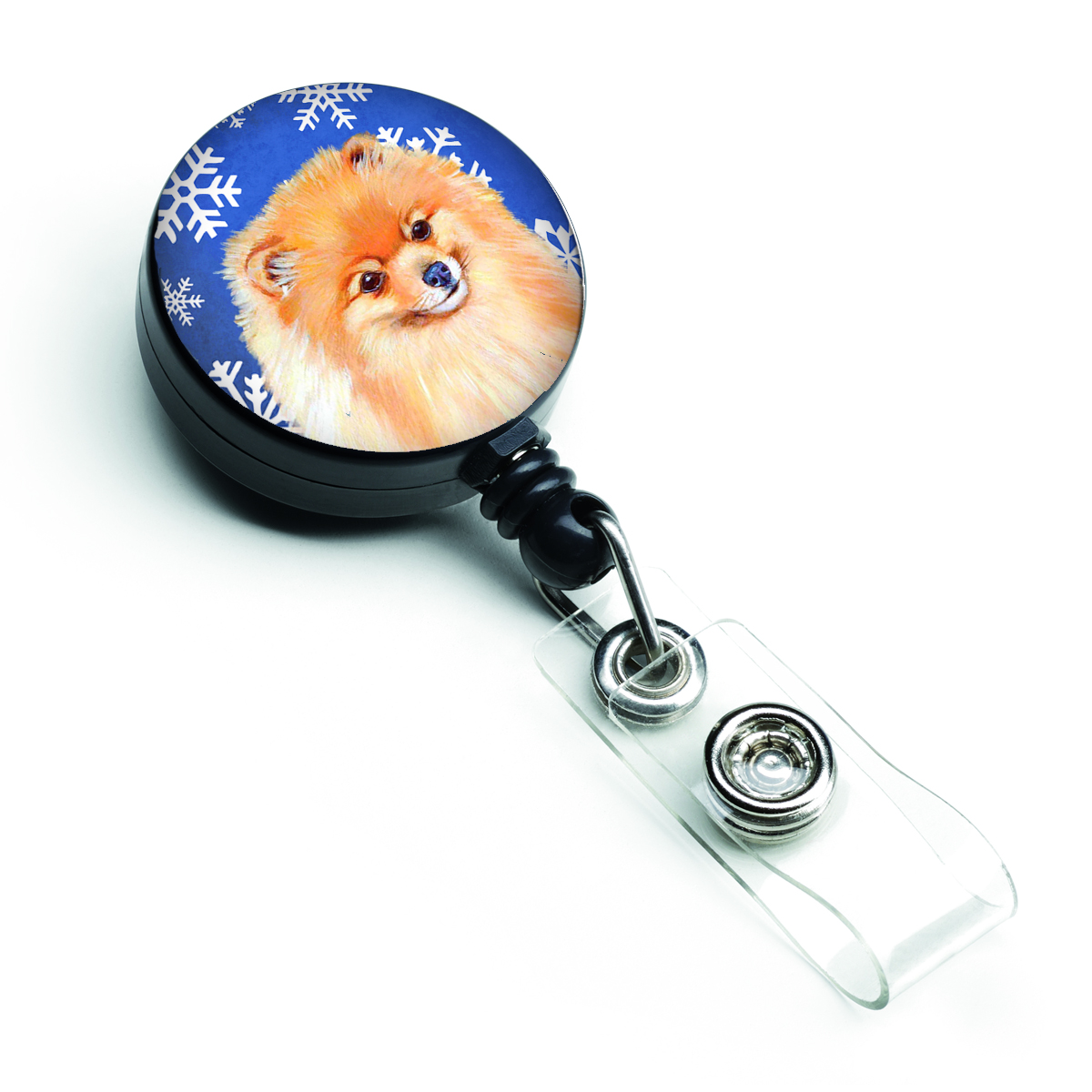 Pomeranian Winter Snowflakes Holiday Retractable Badge Reel