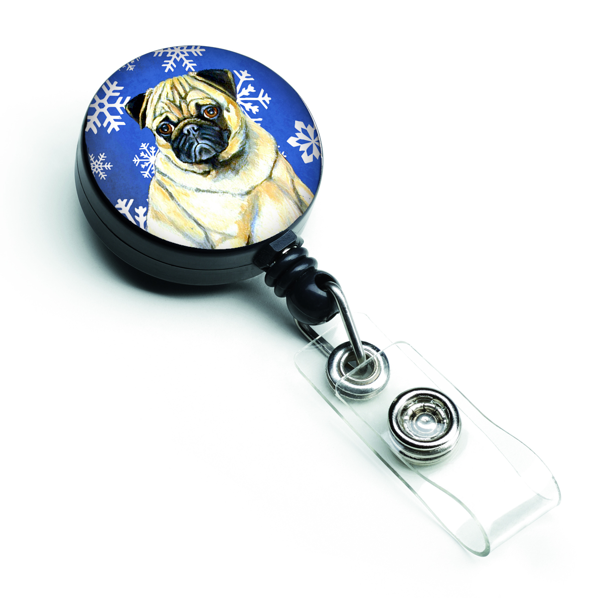 Pug Winter Snowflakes Holiday Retractable Badge Reel