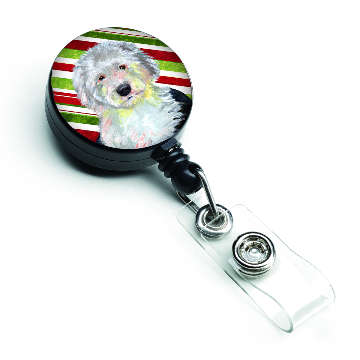 LH9261BR Old English Sheepdog Candy Cane Holiday Christmas Retractable Badge Reel