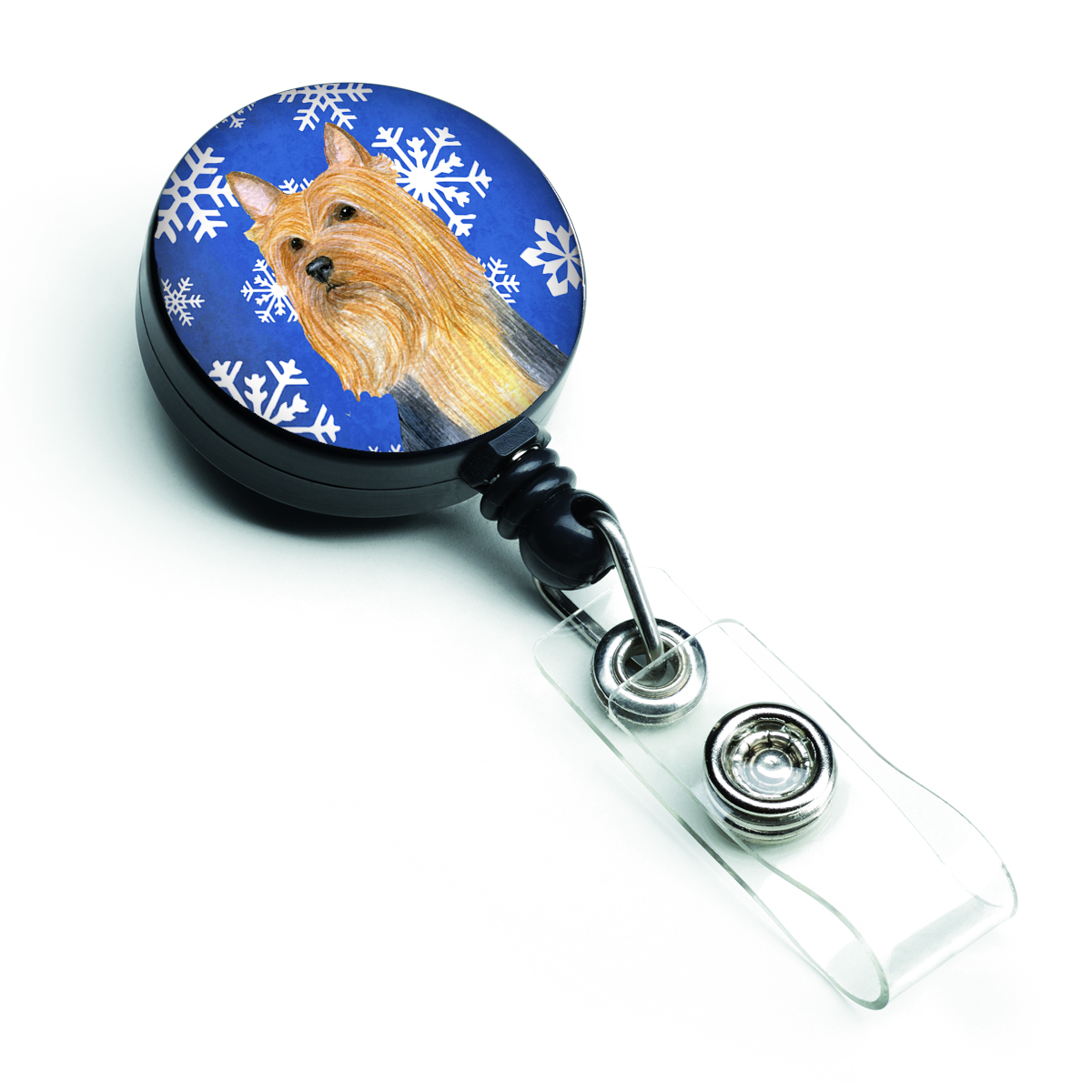 Silky Terrier Winter Snowflakes Holiday Retractable Badge Reel