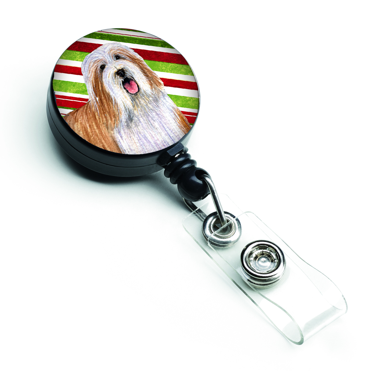 Bearded Collie Candy Cane Holiday Christmas Retractable Badge Reel