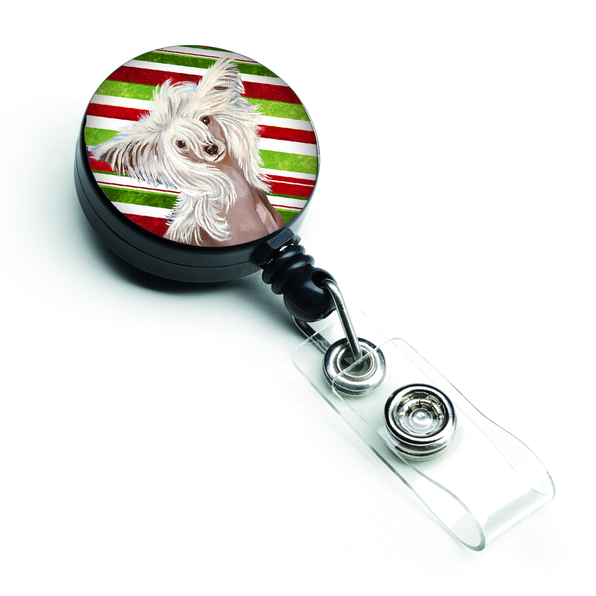 Chinese Crested Candy Cane Holiday Christmas Retractable Badge Reel